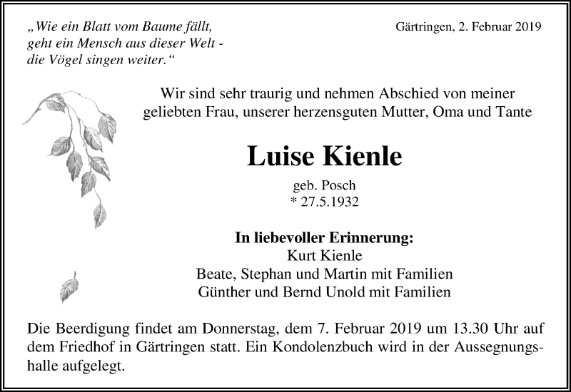  Traueranzeige für Luise Kienle vom 05.02.2019 aus Kreiszeitung Böblinger Bote