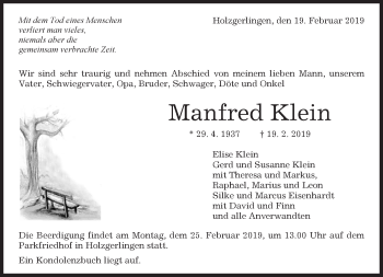 Traueranzeige von Manfred Klein von Kreiszeitung Böblinger Bote