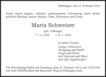 Traueranzeige von Maria Schweizer von Kreiszeitung Böblinger Bote