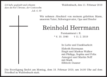 Traueranzeige von Reinhold Herrmann von Kreiszeitung Böblinger Bote