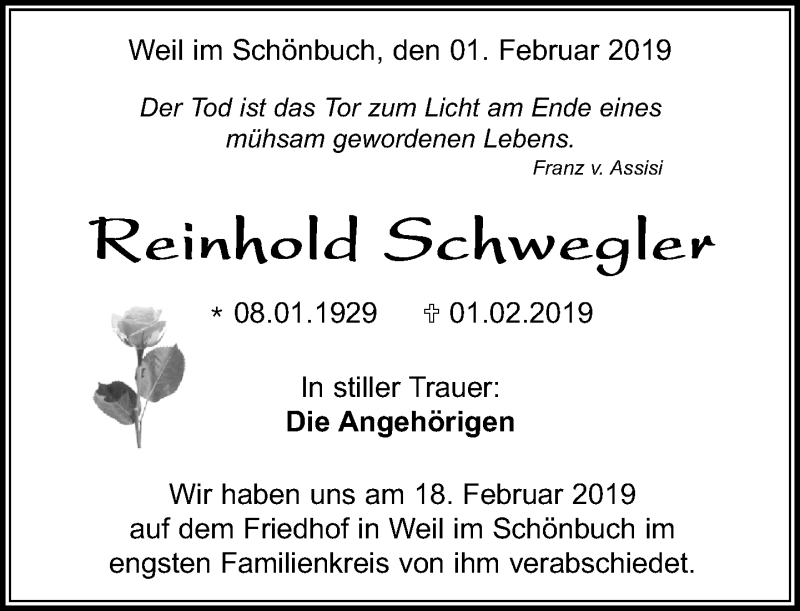  Traueranzeige für Reinhold Schwegler vom 19.02.2019 aus Kreiszeitung Böblinger Bote