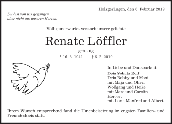 Traueranzeige von Renate Löffler von Kreiszeitung Böblinger Bote
