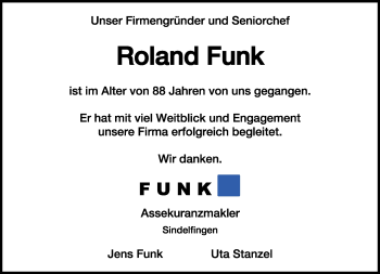 Traueranzeige von Roland Funk von Kreiszeitung Böblinger Bote