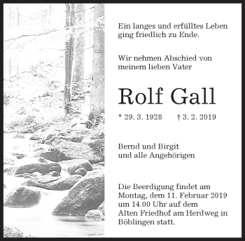 Traueranzeige von Rolf Gall von Kreiszeitung Böblinger Bote