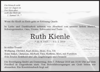 Traueranzeige von Ruth Kienle von Kreiszeitung Böblinger Bote