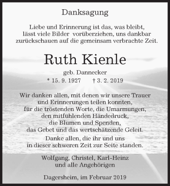 Traueranzeige von Ruth Kienle von Kreiszeitung Böblinger Bote