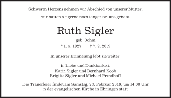 Traueranzeige von Ruth Sigler von Kreiszeitung Böblinger Bote