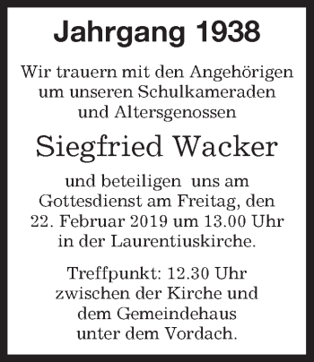 Traueranzeige von Siegfried Wacker von Kreiszeitung Böblinger Bote