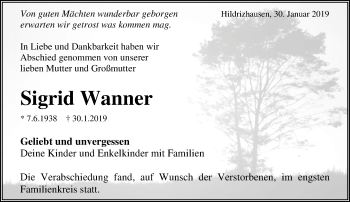 Traueranzeige von Sigrid Wanner von Kreiszeitung Böblinger Bote