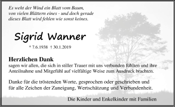 Traueranzeige von Sigrid Wanner von Kreiszeitung Böblinger Bote