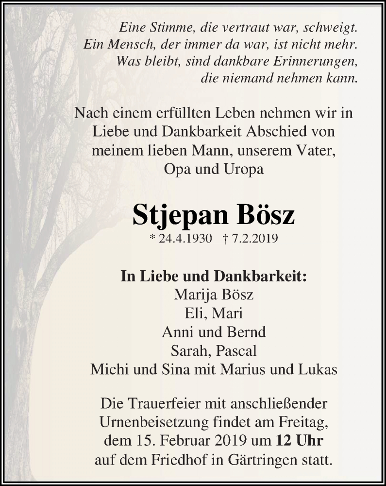  Traueranzeige für Stjepan Bösz vom 14.02.2019 aus Kreiszeitung Böblinger Bote