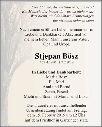 Traueranzeige von Stjepan Bösz von Kreiszeitung Böblinger Bote