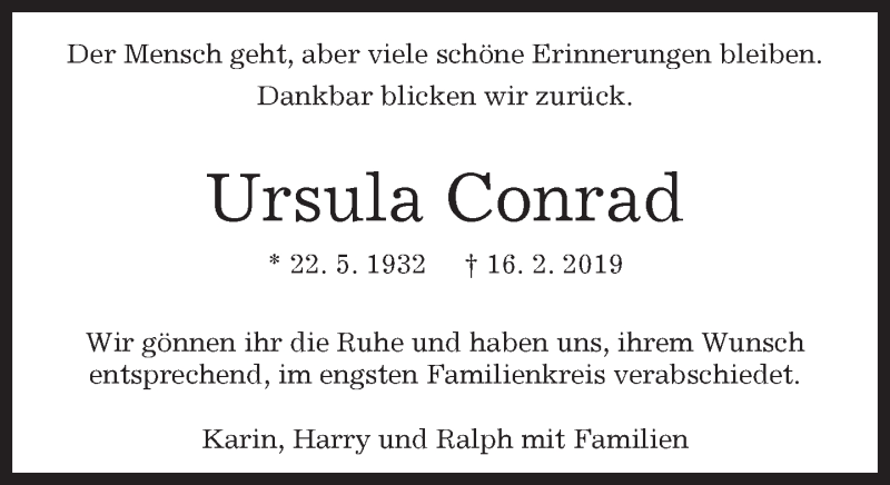  Traueranzeige für Ursula Conrad vom 22.02.2019 aus Kreiszeitung Böblinger Bote