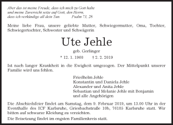 Traueranzeige von Ute Jehle von Kreiszeitung Böblinger Bote