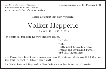 Traueranzeige von Volker Hepperle von Kreiszeitung Böblinger Bote