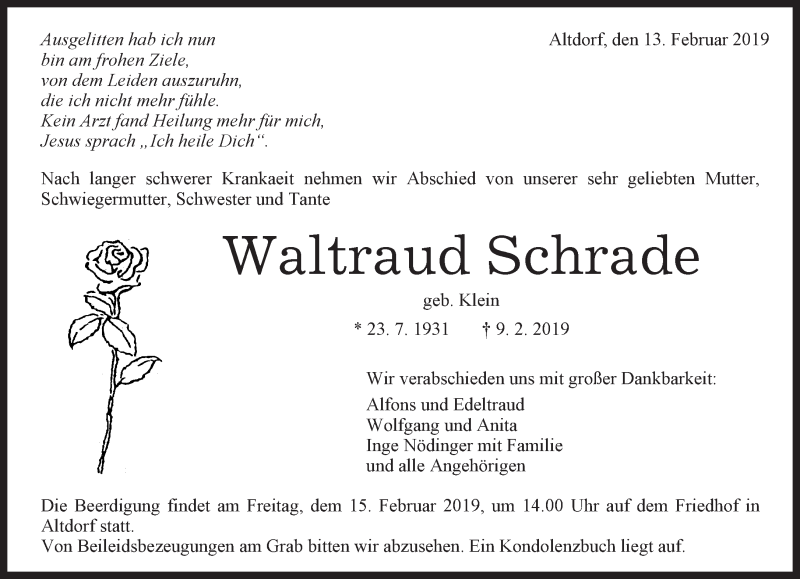  Traueranzeige für Waltraud Schrade vom 13.02.2019 aus Kreiszeitung Böblinger Bote
