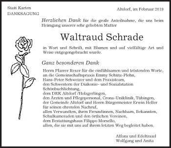 Traueranzeige von Waltraud Schrade von Kreiszeitung Böblinger Bote