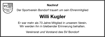 Traueranzeige von Willi Kugler von Kreiszeitung Böblinger Bote