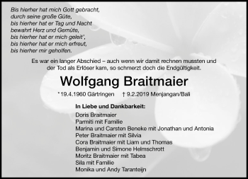 Traueranzeige von Wolfgang Braitmaier von Kreiszeitung Böblinger Bote