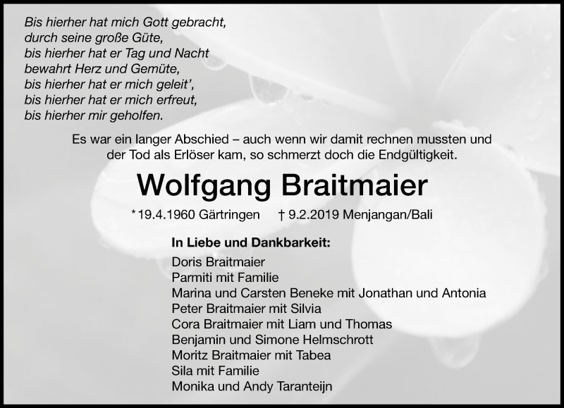  Traueranzeige für Wolfgang Braitmaier vom 14.02.2019 aus Kreiszeitung Böblinger Bote