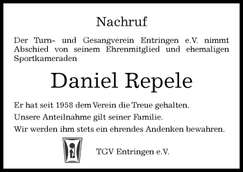 Traueranzeige von Daniel Repele von Kreiszeitung Böblinger Bote