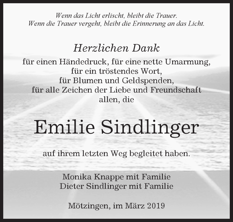  Traueranzeige für Emilie Sindlinger vom 14.03.2019 aus Kreiszeitung Böblinger Bote