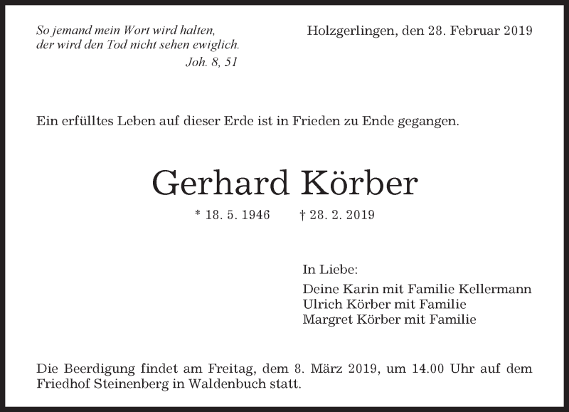 Traueranzeige für Gerhard Körber vom 05.03.2019 aus Kreiszeitung Böblinger Bote