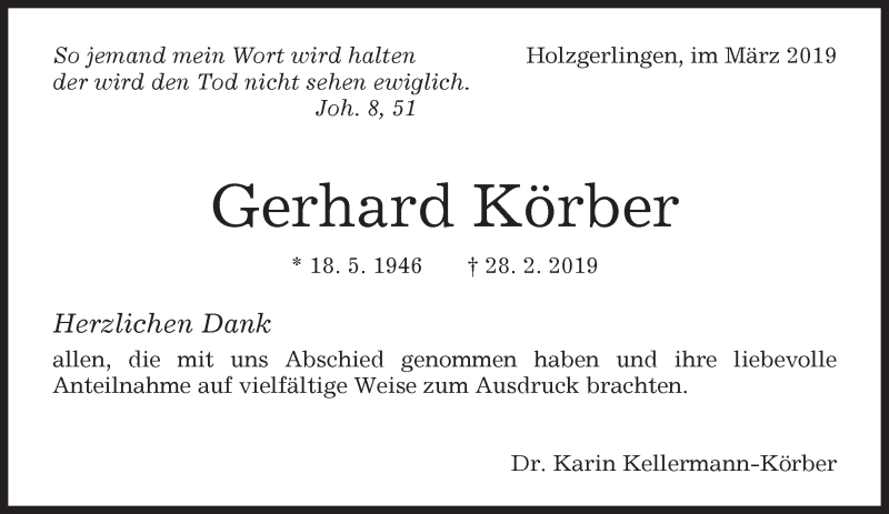  Traueranzeige für Gerhard Körber vom 29.03.2019 aus Kreiszeitung Böblinger Bote