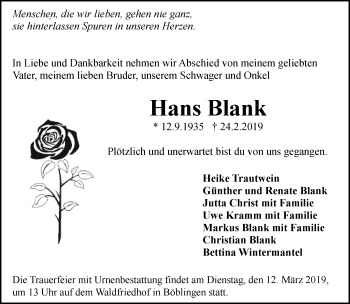 Traueranzeige von Hans Blank von Kreiszeitung Böblinger Bote