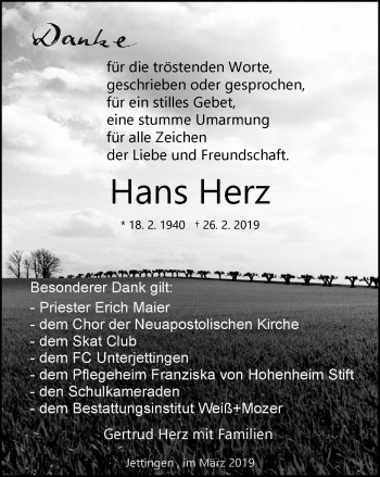 Traueranzeige von Hans Herz von Kreiszeitung Böblinger Bote