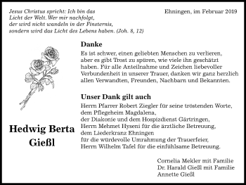 Traueranzeige von Hedwig Berta Gießl von Kreiszeitung Böblinger Bote