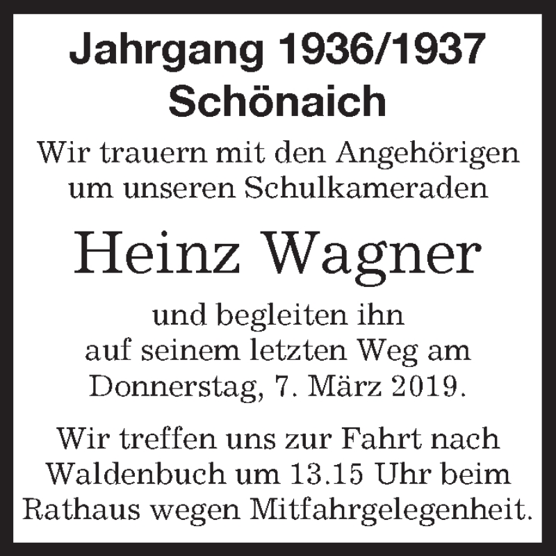  Traueranzeige für Heinz Wagner vom 06.03.2019 aus Kreiszeitung Böblinger Bote