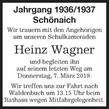Traueranzeige von Heinz Wagner von Kreiszeitung Böblinger Bote