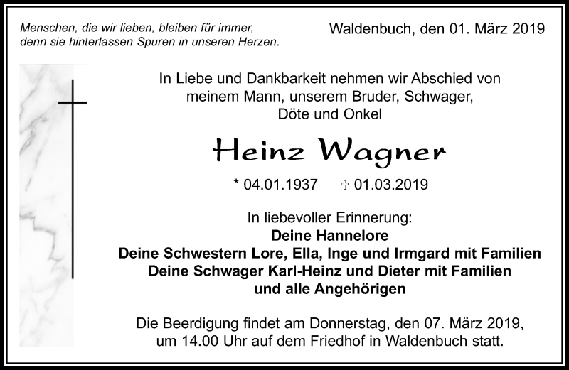  Traueranzeige für Heinz Wagner vom 05.03.2019 aus Kreiszeitung Böblinger Bote