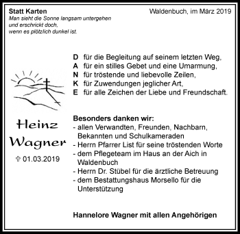 Traueranzeige von Heinz Wagner von Kreiszeitung Böblinger Bote