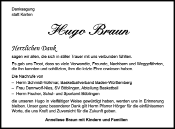 Traueranzeige von Hugo Braun von Kreiszeitung Böblinger Bote