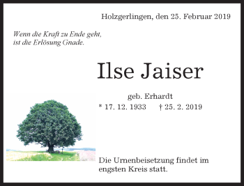 Traueranzeige von Ilse Jaiser von Kreiszeitung Böblinger Bote