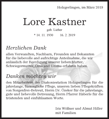 Traueranzeige von Lore Kastner von Kreiszeitung Böblinger Bote