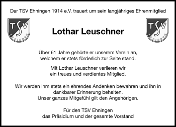 Traueranzeige von Lothar Leuschner von Kreiszeitung Böblinger Bote