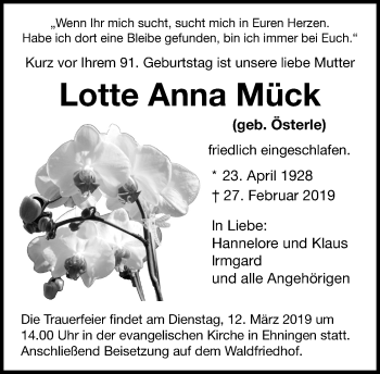 Traueranzeige von Lotte Anna Mück von Kreiszeitung Böblinger Bote