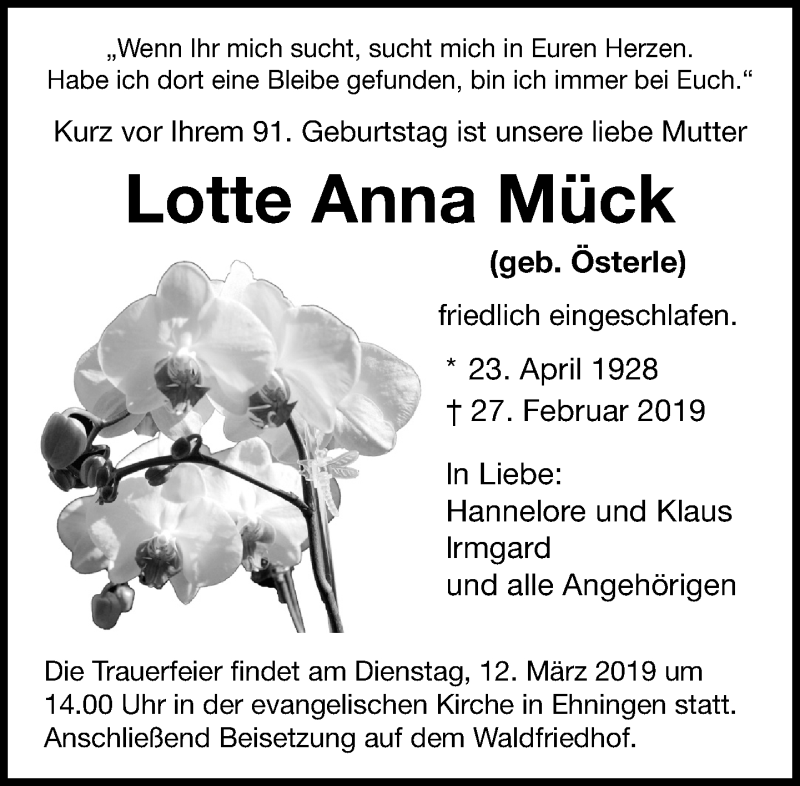  Traueranzeige für Lotte Anna Mück vom 08.03.2019 aus Kreiszeitung Böblinger Bote