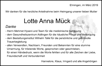 Traueranzeige von Lotte Anna Mück von Kreiszeitung Böblinger Bote