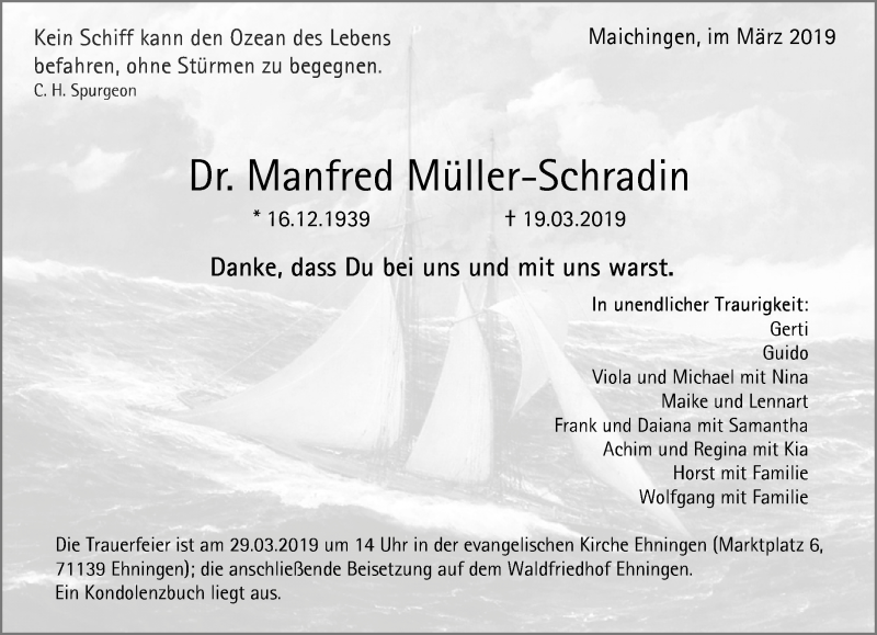  Traueranzeige für Manfred Müller-Schradin vom 23.03.2019 aus Kreiszeitung Böblinger Bote