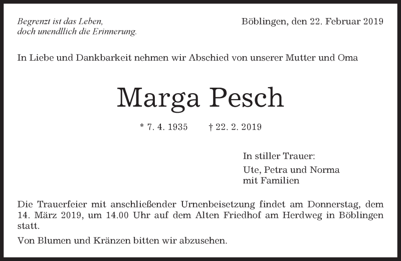  Traueranzeige für Marga Pesch vom 07.03.2019 aus Kreiszeitung Böblinger Bote