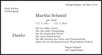 Traueranzeige von Martha Schmid von Kreiszeitung Böblinger Bote