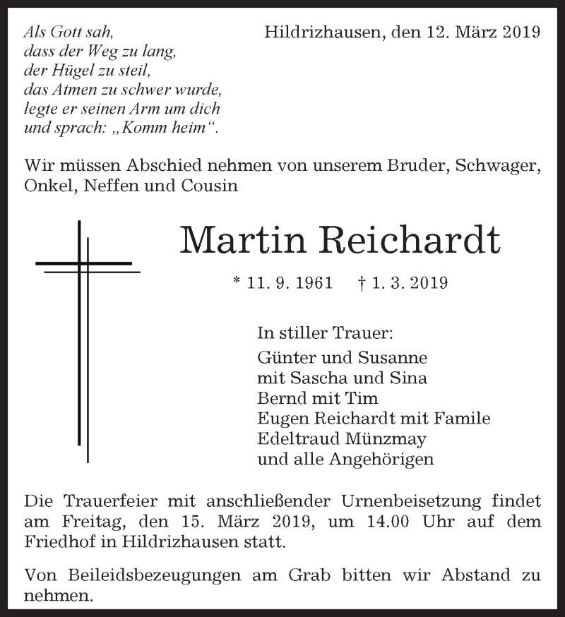  Traueranzeige für Martin Reichardt vom 12.03.2019 aus Kreiszeitung Böblinger Bote