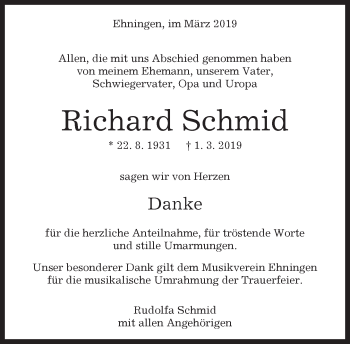Traueranzeige von Richard Schmid von Kreiszeitung Böblinger Bote