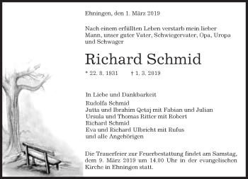 Traueranzeige von Richard Schmid von Kreiszeitung Böblinger Bote