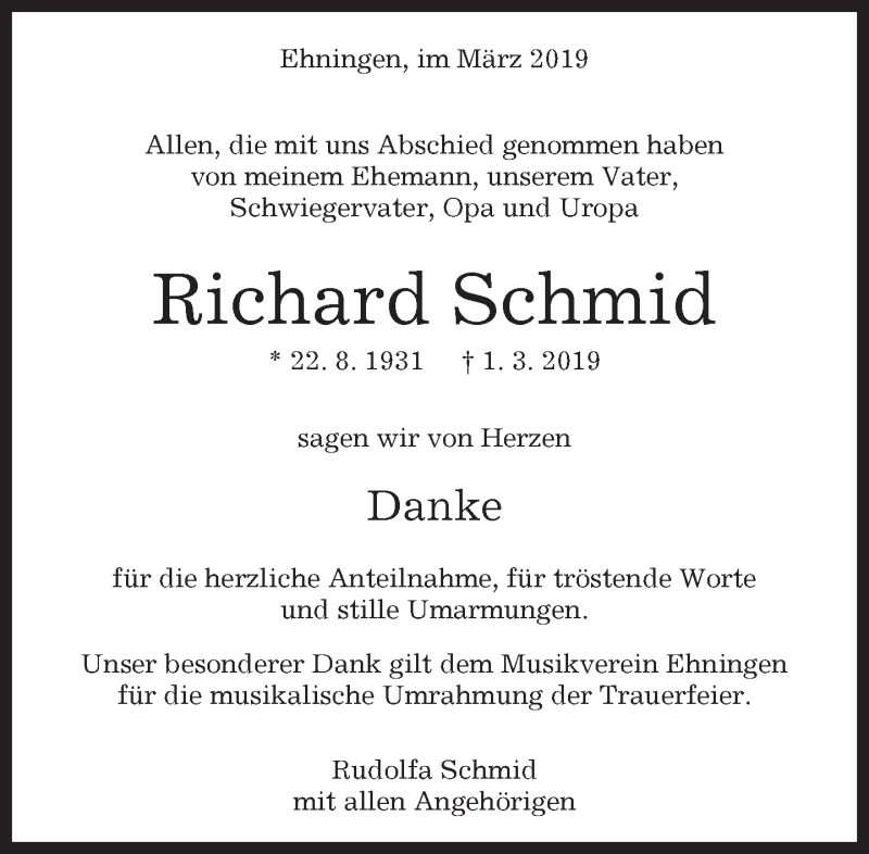  Traueranzeige für Richard Schmid vom 21.03.2019 aus Kreiszeitung Böblinger Bote