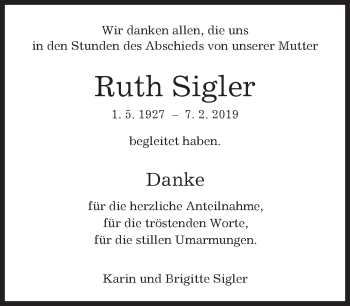 Traueranzeige von Ruth Sigler von Kreiszeitung Böblinger Bote